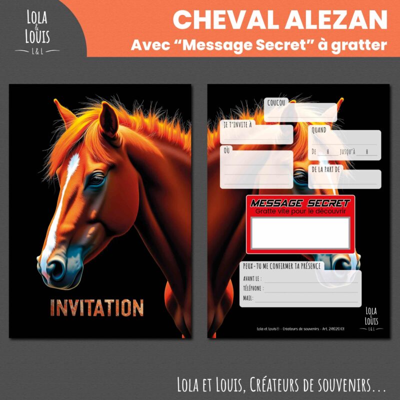 Carte invitation cheval enfant à gratter – Lola & Louis - Recto Verso