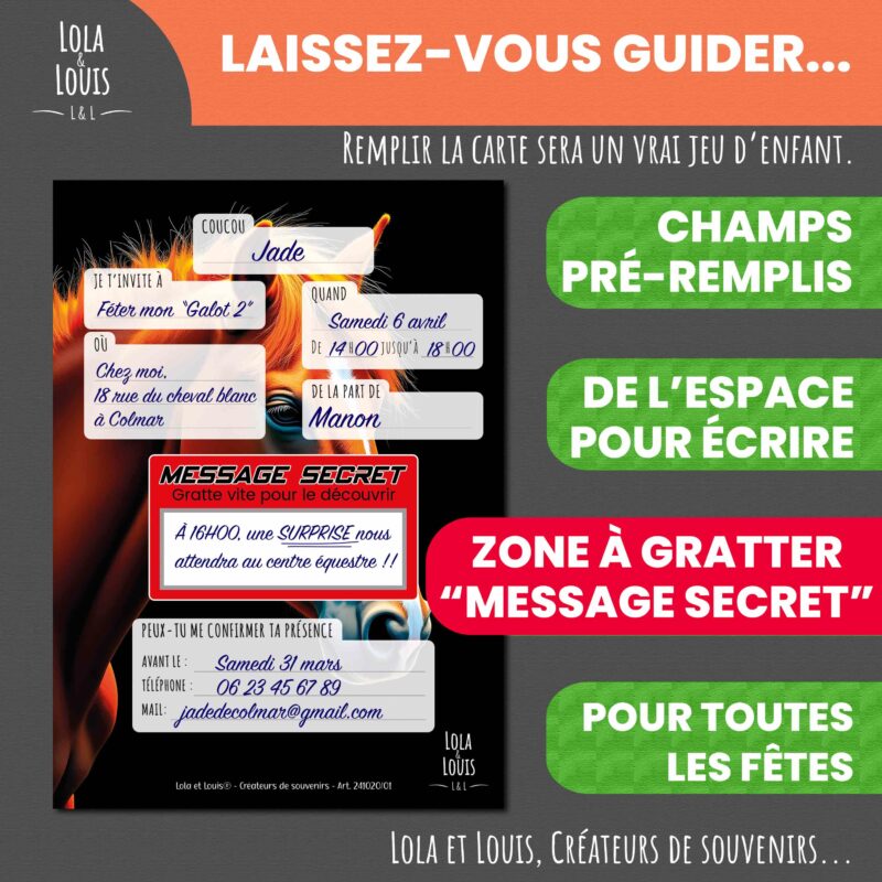 Carte invitation cheval enfant à gratter – Lola & Louis - Verso