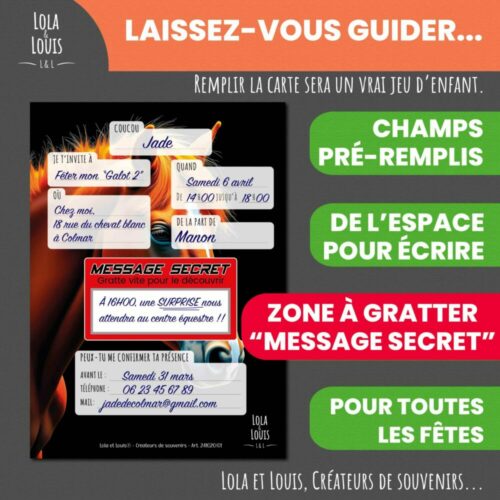 Carte invitation cheval enfant à gratter – Lola & Louis - Verso