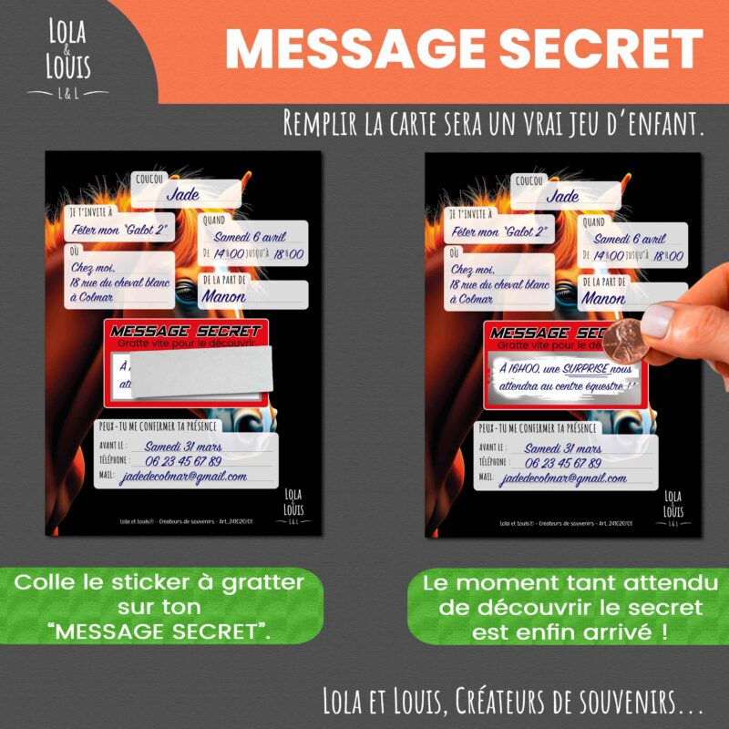 Carte invitation cheval enfant à gratter – Lola & Louis - Message à Gratter