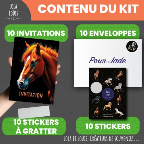 Carte invitation cheval enfant à gratter – Lola & Louis - Recto Verso - Contenu du kit