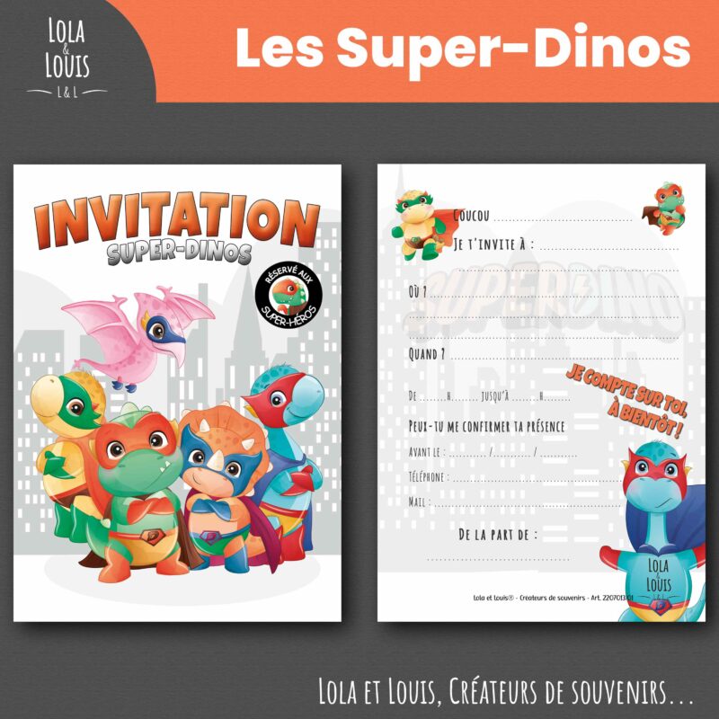 Invitation enfant dinosaure super héros – 8 cartes et enveloppes – Lola & Louis - Recto Verso
