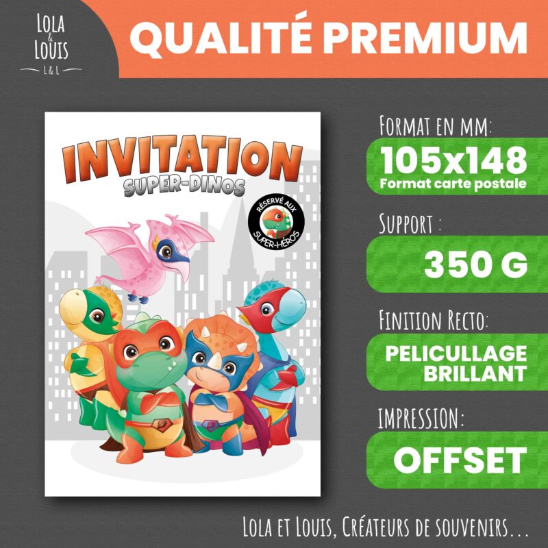 Invitation enfant dinosaure super héros – 8 cartes et enveloppes – Lola & Louis - Recto