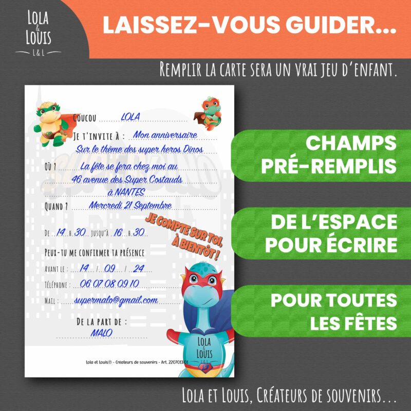 Invitation enfant dinosaure super héros – 8 cartes et enveloppes – Lola & Louis - Verso