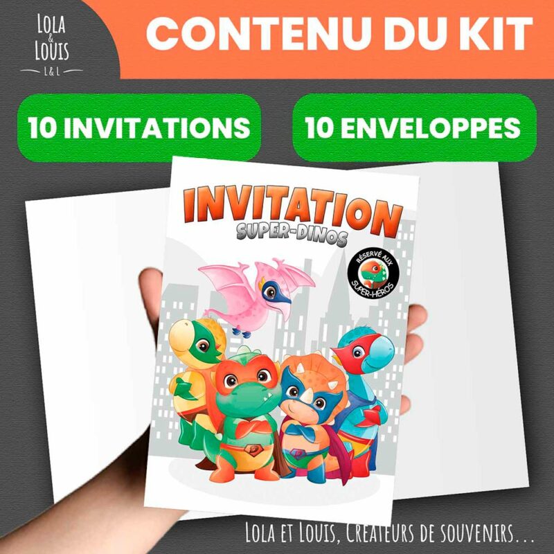 Invitation enfant dinosaure super héros – 8 cartes et enveloppes – Contenu du kit