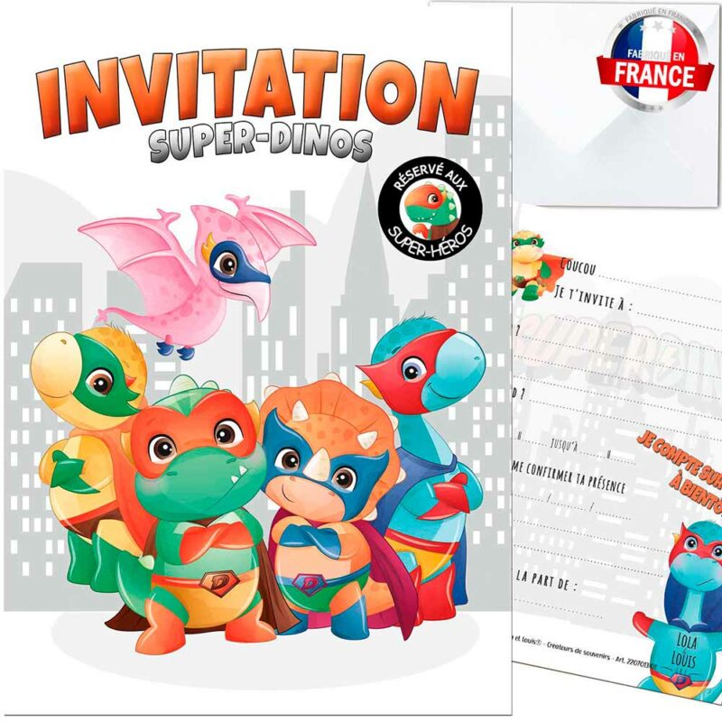 Invitation enfant dinosaure super héros – 10 cartes et enveloppes – Lola & Louis