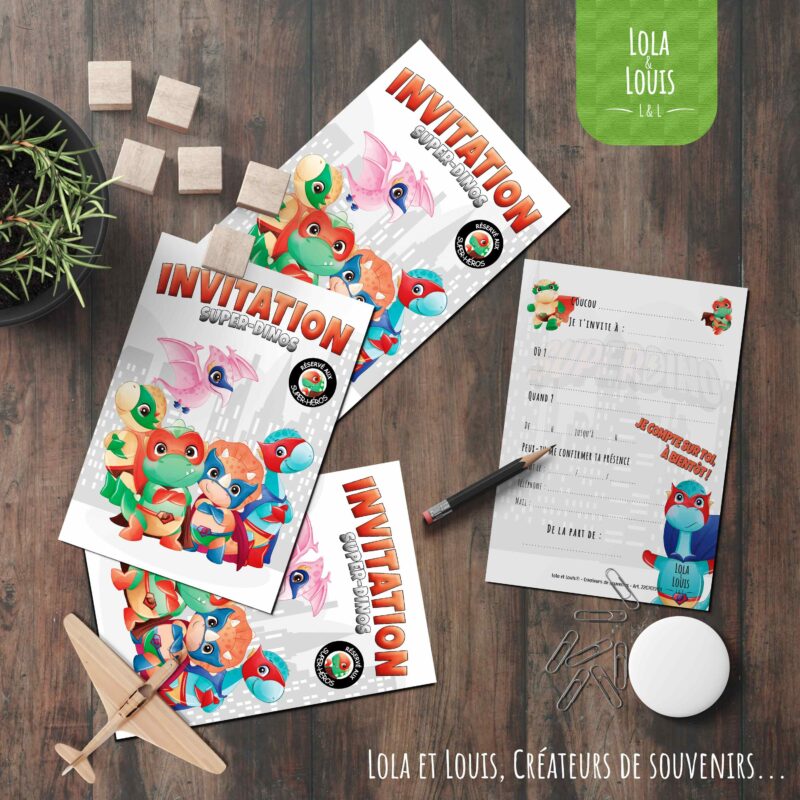 Invitation enfant dinosaure super héros – 8 cartes et enveloppes – Lola & Louis