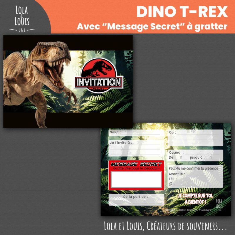 Carte invitation dinosaure T-rex – Lola & Louis - Recto Verso