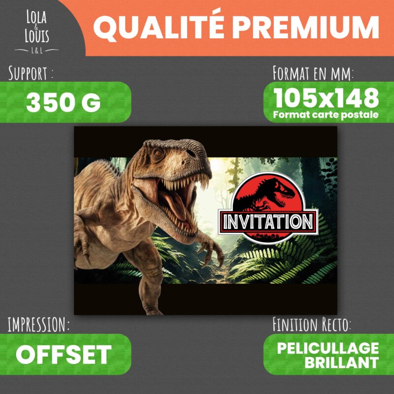 Carte invitation dinosaure T-rex – Lola & Louis - Recto