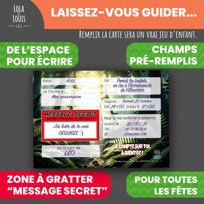 Carte invitation dinosaure T-rex – Lola & Louis - Verso
