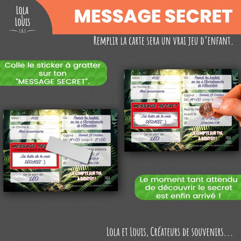 Carte invitation dinosaure T-rex – Lola & Louis - Recto VersoCarte invitation dinosaure T-rex – Lola & Louis - Message secret à gratter