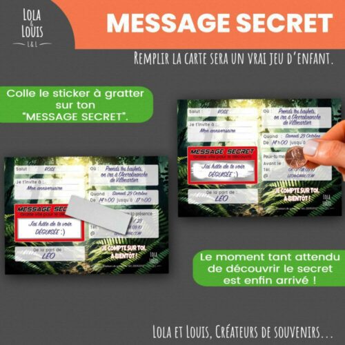 Carte invitation dinosaure T-rex – Lola & Louis - Recto VersoCarte invitation dinosaure T-rex – Lola & Louis - Message secret à gratter