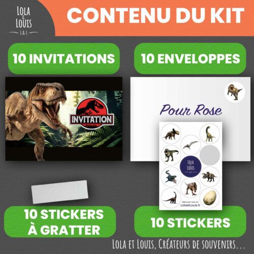 Carte invitation dinosaure T-rex – Lola & Louis - Contenu du kit