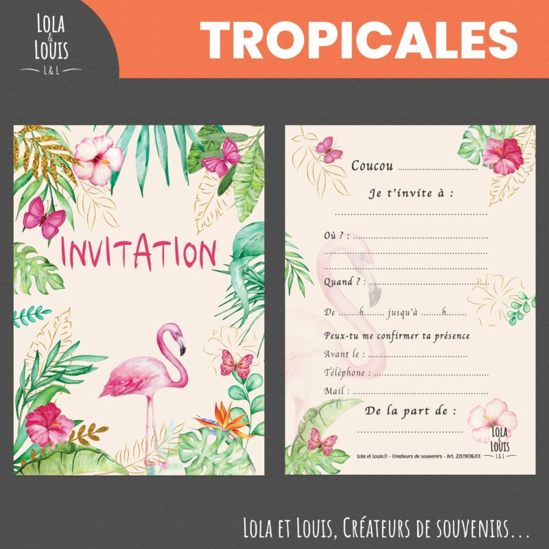 Carte invitation fille tropicale – 8 cartes et enveloppes – Lola & Louis - Recto Verso