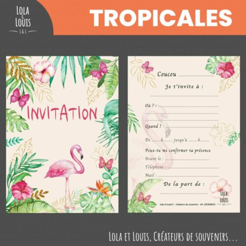 Carte invitation fille tropicale – 8 cartes et enveloppes – Lola & Louis - Recto Verso