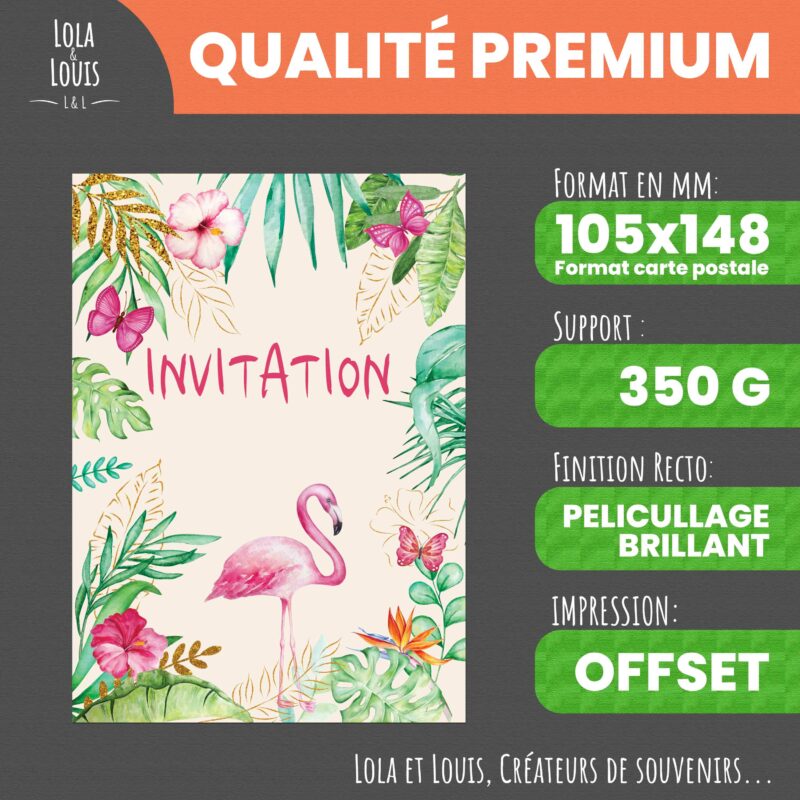 Carte invitation fille tropicale – 8 cartes et enveloppes – Lola & Louis - Recto
