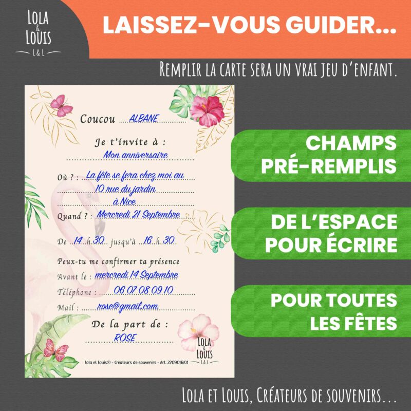Carte invitation fille tropicale – 8 cartes et enveloppes – Lola & Louis - Verso
