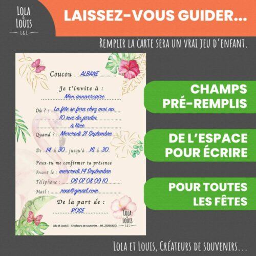 Carte invitation fille tropicale – 8 cartes et enveloppes – Lola & Louis - Verso