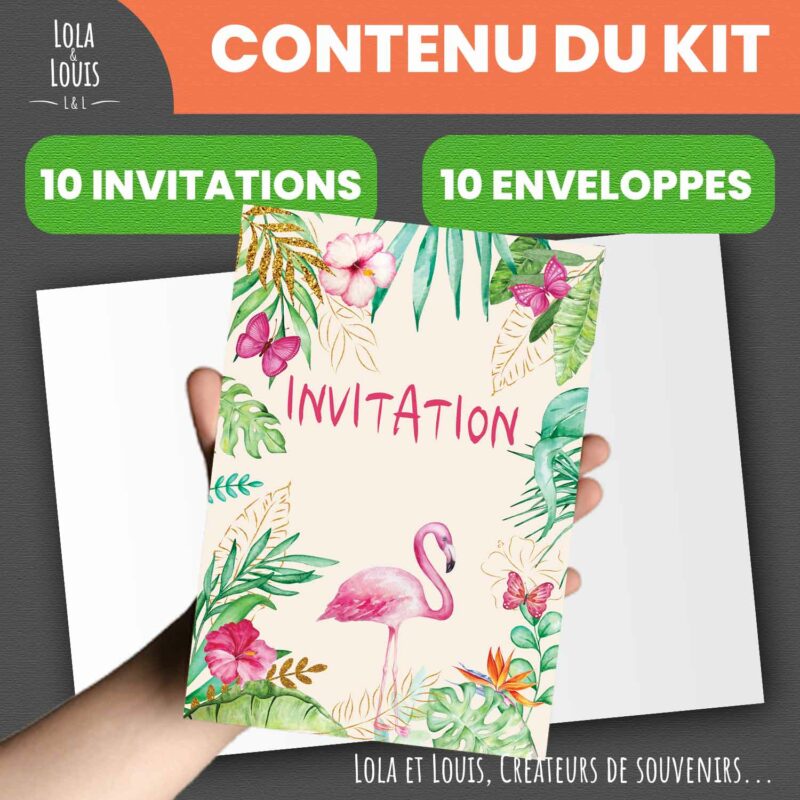 Carte invitation fille tropicale – 8 cartes et enveloppes – Lola & Louis - contenu du kit