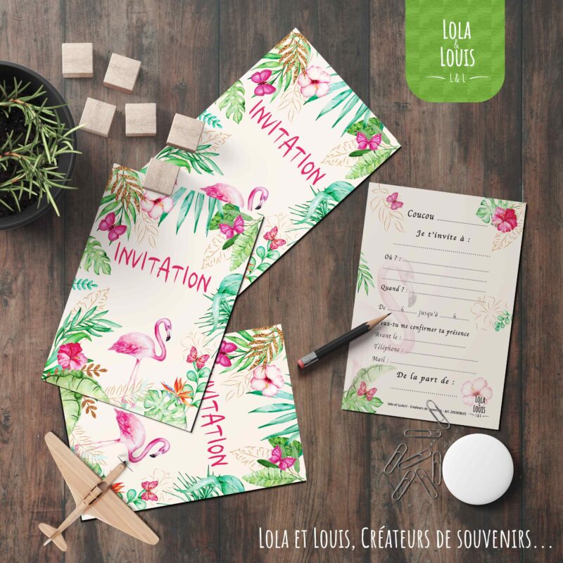 Carte invitation fille tropicale – 8 cartes et enveloppes – Lola & Louis