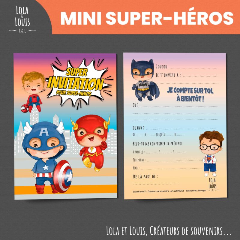 Invitation super héros garçon – 8 cartes et enveloppes – Lola & Louis - Recto Verso