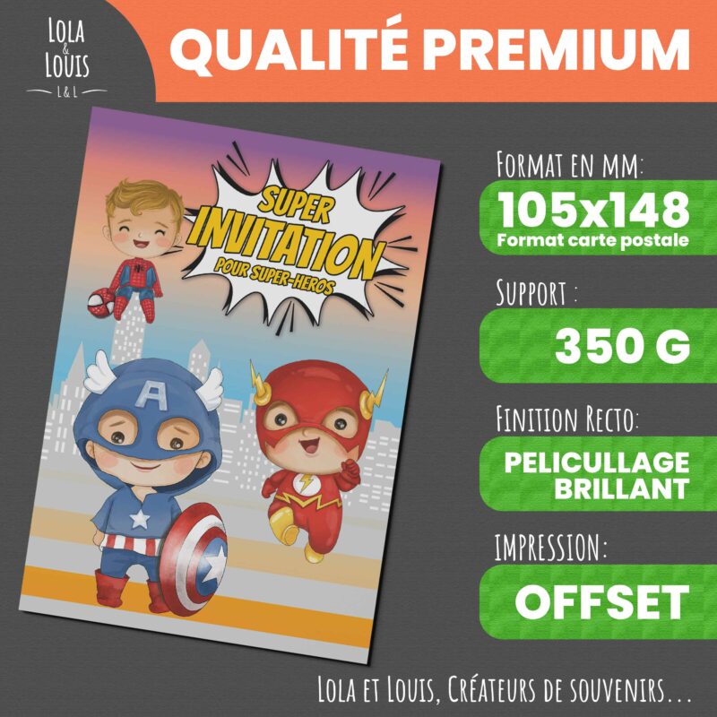 Invitation super héros garçon – 8 cartes et enveloppes – Lola & Louis - Recto