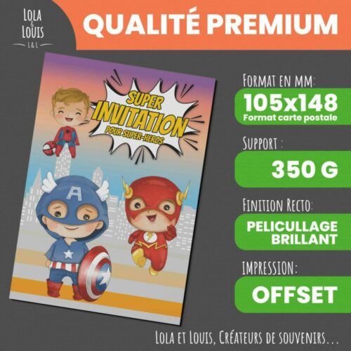 Invitation super héros garçon – 8 cartes et enveloppes – Lola & Louis - Recto