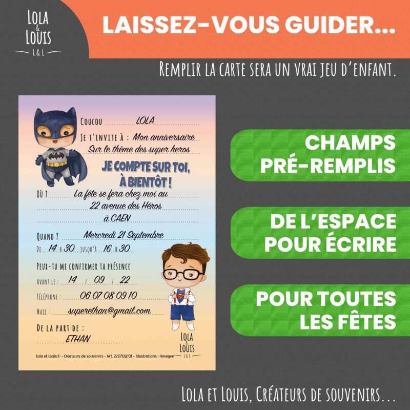 Invitation super héros garçon – 8 cartes et enveloppes – Lola & Louis - verso