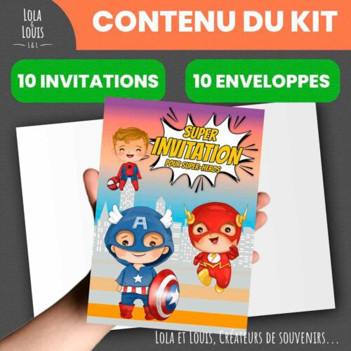 invitation garçon super héros – 8 cartes et enveloppes – Lola & Louis - Contenu du kit