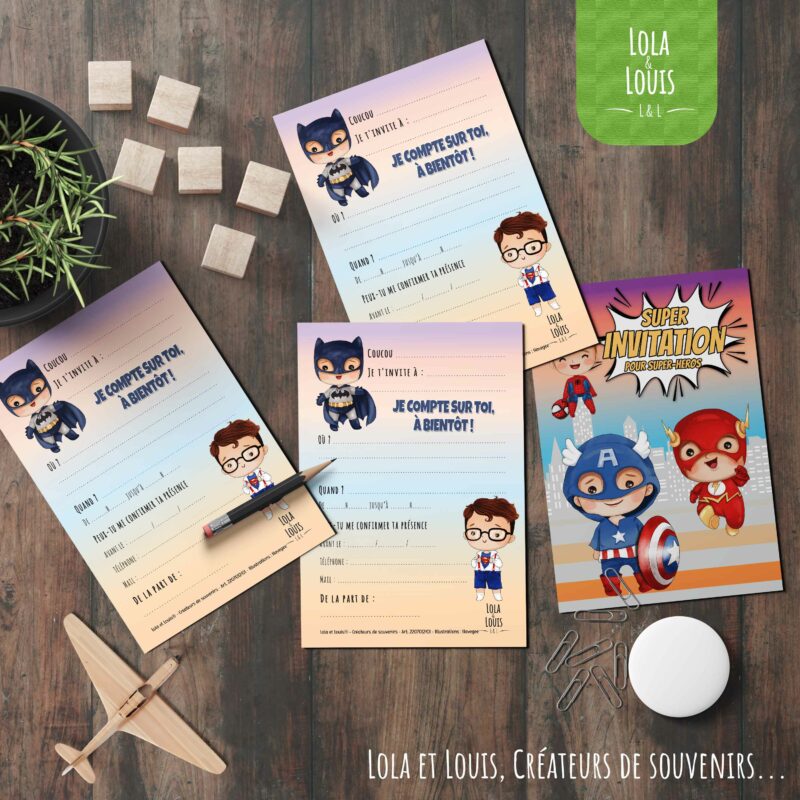 invitation garçon super héros – 8 cartes et enveloppes – Lola & Louis