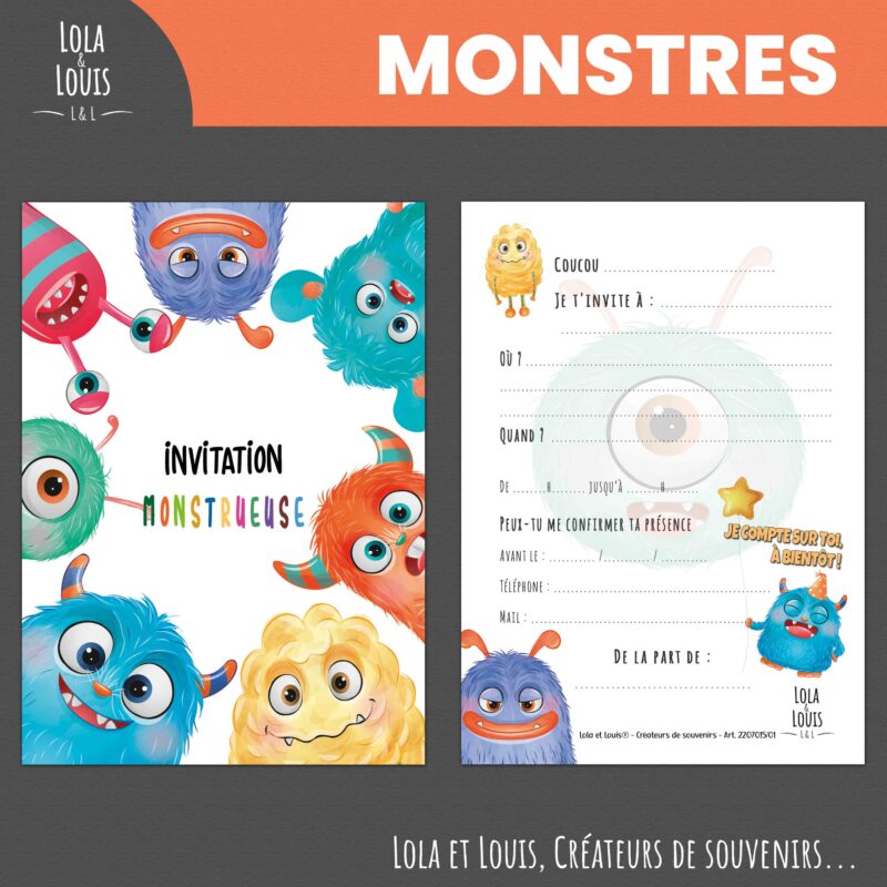 Invitation enfant monstres pour filles et garçons – Lola & Louis - Recto Verso