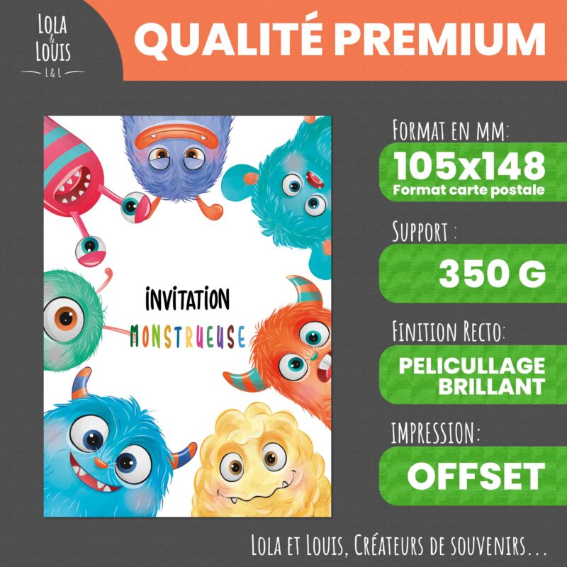 Invitation enfant monstres pour filles et garçons – Lola & Louis - Recto