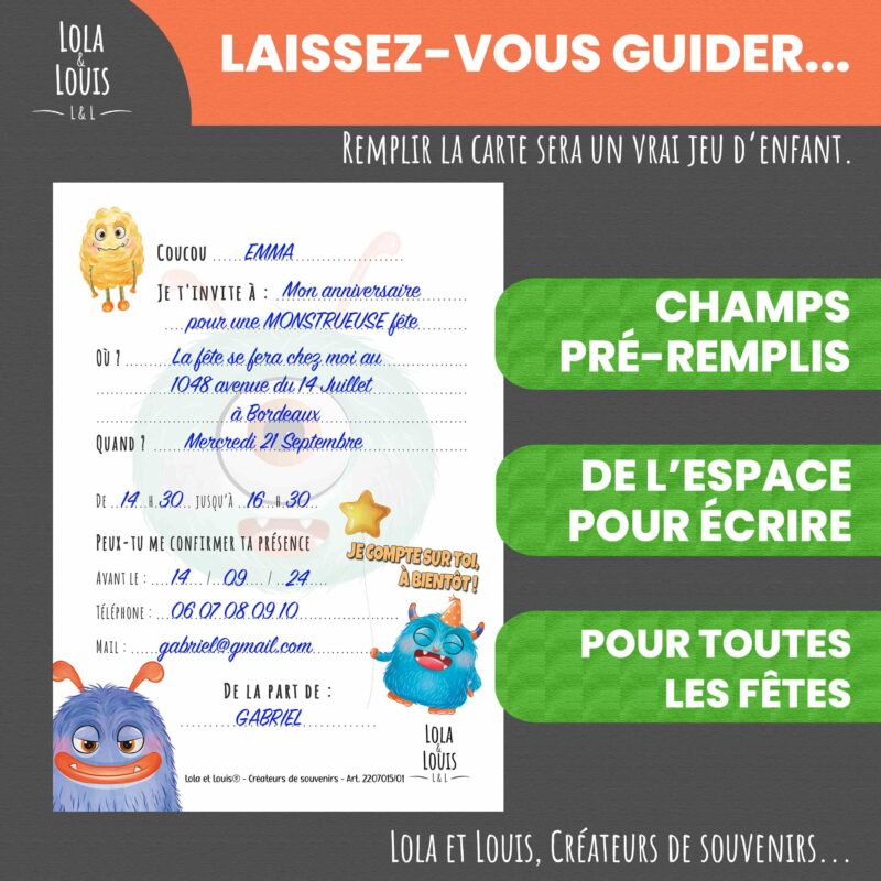 Invitation enfant monstres pour filles et garçons – Lola & Louis - Verso
