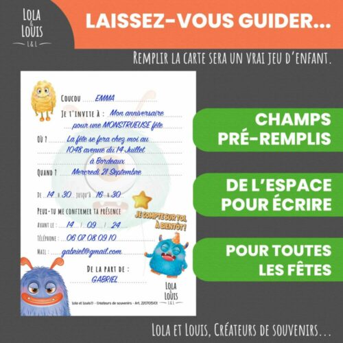 Invitation enfant monstres pour filles et garçons – Lola & Louis - Verso