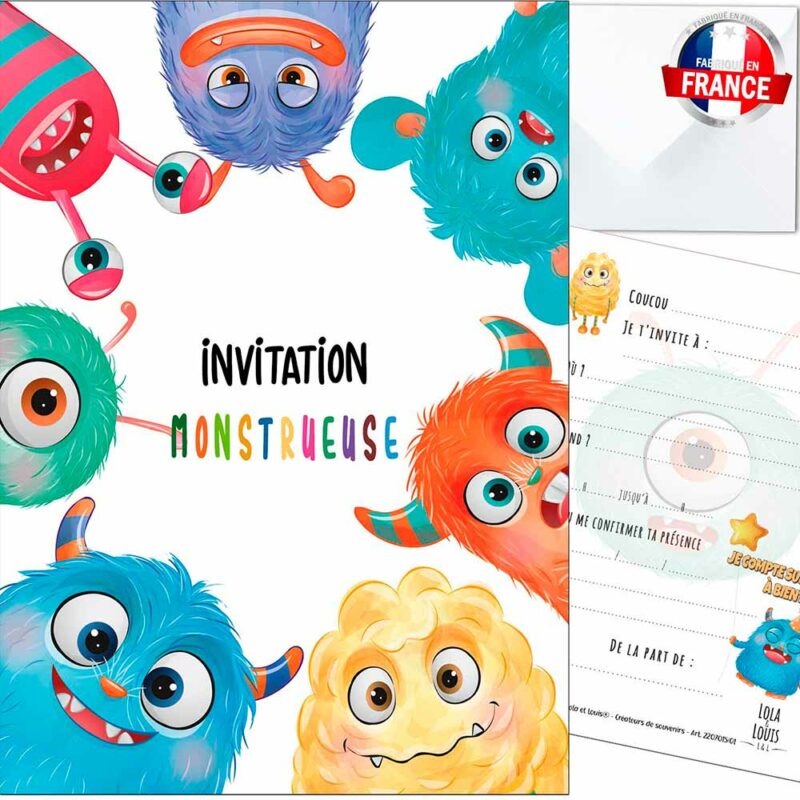 Carte Invitation Monstre pour Filles et Garçons – "Monstres" pour 10 invités