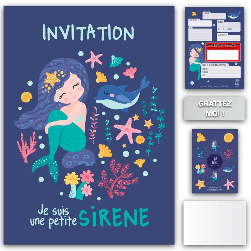 Carte invitation sirène à gratter – "PETITE SIRÈNE" pour 10 invités