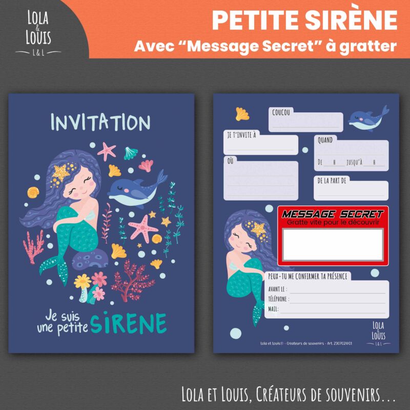Carte invitation petite sirène à gratter – Lola & Louis - Recto Verso