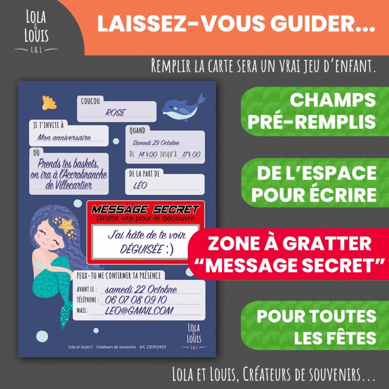 Carte invitation petite sirène à gratter – Lola & Louis - Verso