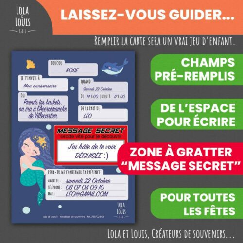Carte invitation petite sirène à gratter – Lola & Louis - Verso