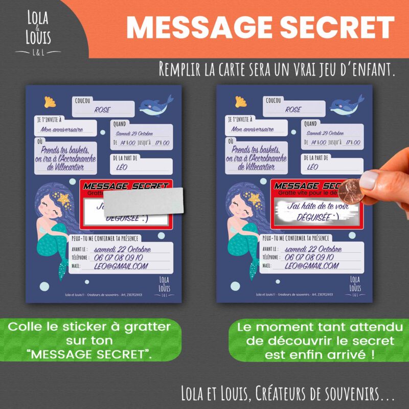 Carte invitation petite sirène à gratter – Lola & Louis - Message secret à gratter