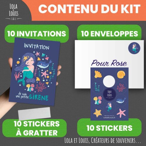 Carte invitation petite sirène à gratter – Lola & Louis - Contenu du kit