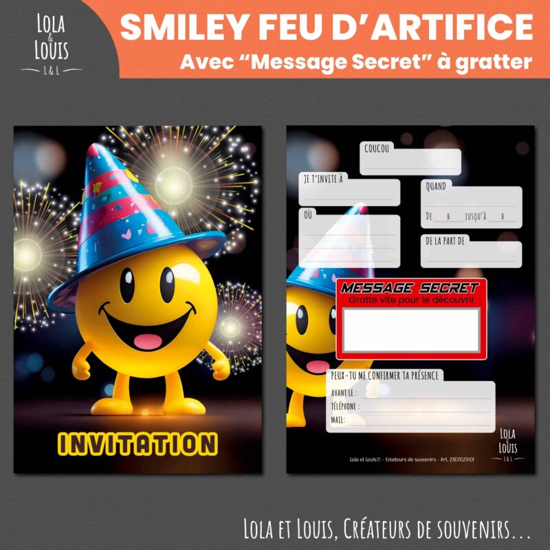 Carte invitation smiley à gratter – Lola & Louis - Recto Verso