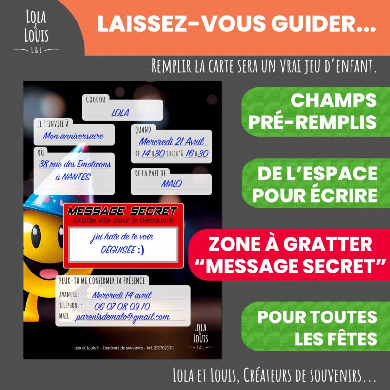 Carte invitation smiley à gratter – Lola & Louis - Verso