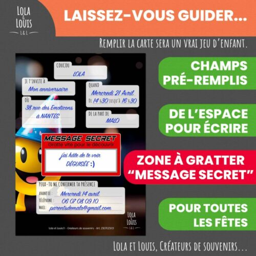 Carte invitation smiley à gratter – Lola & Louis - Verso