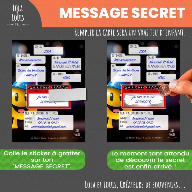 Carte invitation smiley à gratter – Lola & Louis - Message Secret à Gratter