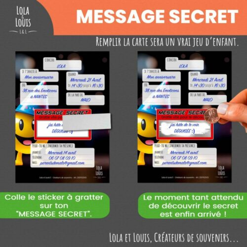 Carte invitation smiley à gratter – Lola & Louis - Message Secret à Gratter