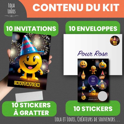 Carte invitation smiley à gratter – Lola & Louis - Contenu du kit