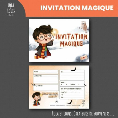 Invitation enfant sorcier magie – 8 cartes et enveloppes – Lola & Louis - Recto Verso