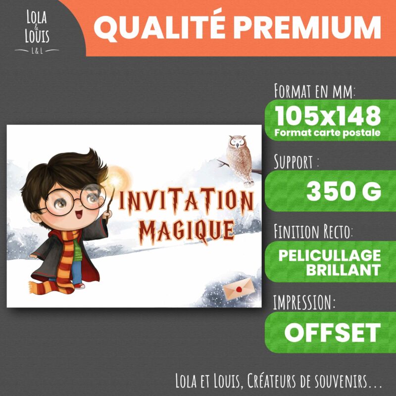 Invitation enfant sorcier magie – 8 cartes et enveloppes – Lola & Louis - Recto