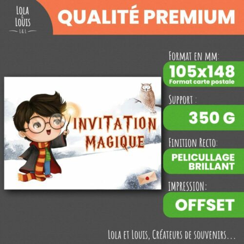Invitation enfant sorcier magie – 8 cartes et enveloppes – Lola & Louis - Recto